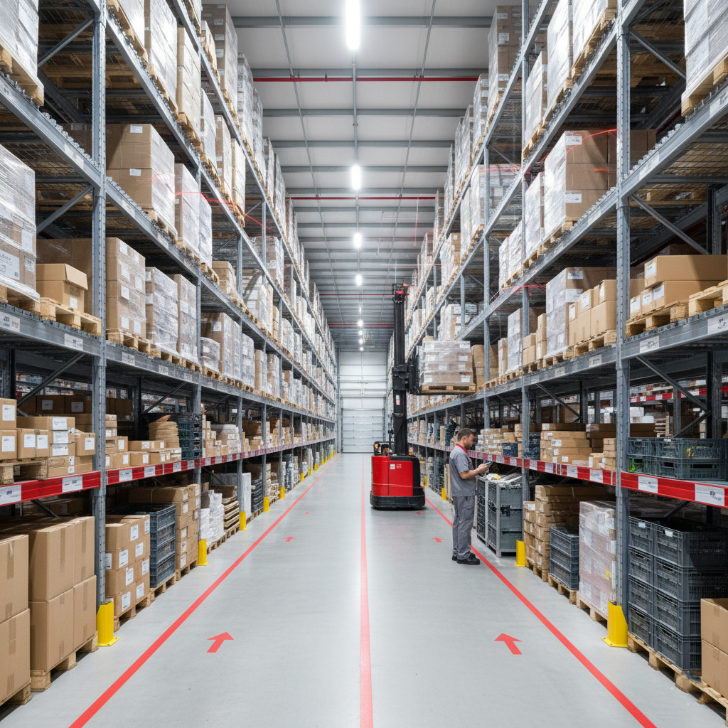 Modern warehousing and supply chain facility with organized storage and distribution systems